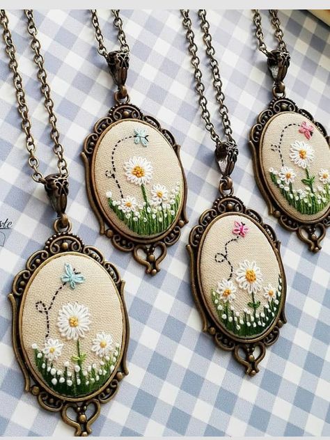 Embroidery Hoop Necklace, Embroidery Necklace Designs, Tiny Embroidery Patterns, Mini Embroidery Patterns, Hand Embroidery Jewelry, Wrist Tattoo Ideas, Wrist Tattoo Designs, Hand Embroidered Jewelry, Embroidery Necklace