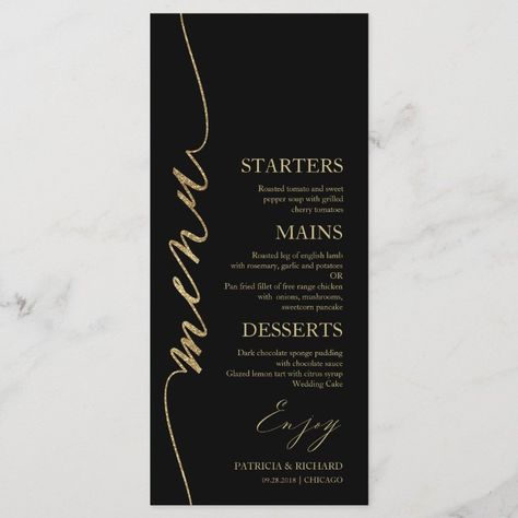 Dinner Menu Card, Pancake Dessert, Event Stationery, Black And Gold Wedding, Menu Card Design, 21 Diner, Menue Design, Wedding Dinner Menu, Event Menu