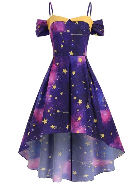 DressLily.com: Photo Gallery - Star Galaxy High Low Open Shoulder Plus Size Dress Galaxy Outfit, Asymmetrical Dresses, Galaxy Dress, Star Galaxy, Galaxy Fashion, Purple Style, Black Holes, Cute Prom Dresses, Type Moon