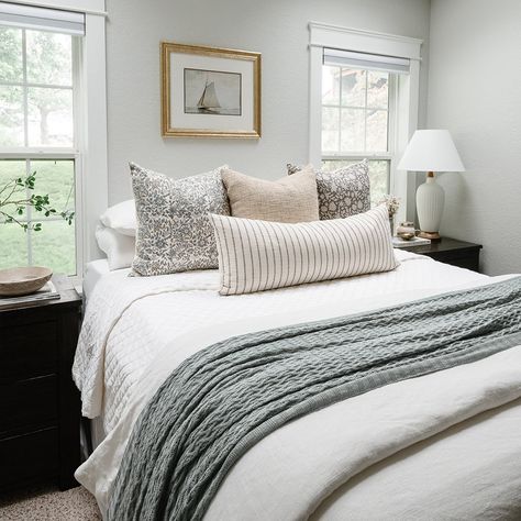 Sage Green Throw Blanket On Bed, Throw Blankets Bed, Minimal Pillows On King Bed, Neutral Master Bedrooms With Pop Of Color, Layer Bedding Ideas, Neutral Master Bed Cozy, Layered Throw Blankets On Bed, King Bed Throw Blanket, Neutral Layered Bedding