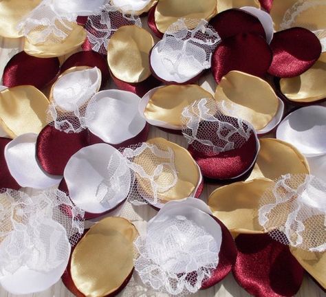 Burgundy Gold White Petals Satin Petals Christmas Table Wedding Rose Petals, Wine Party Theme, Petal Toss, Wedding Royal, Renewal Ceremony, Maroon Wedding, Bow Ideas, Wedding Rose, Burgundy Style