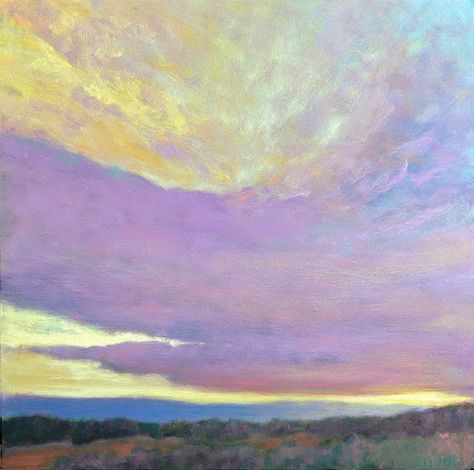 New work: Sunset Chroma, Purple and Yellow, oil on panel, 24 x 24 inches  #artwork #art #landscape #oilpainting #interiors #interior #artist #sky #decor #homedecor #interiordecor Purple And Gold Aesthetic, Yellow And Purple Aesthetic, Yellow Purple Aesthetic, Purple And Yellow Aesthetic, Soft Pastel Landscape, Interior Artist, Purple Palette, Pastel Landscape, Swan Princess