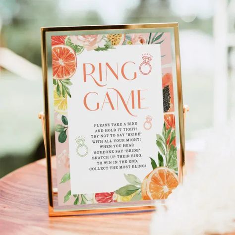 Tropical Citrus Bridal Shower Ring Game Sign. Please take a ring and hold it tight! This is a fun game to play at your bridal shower. Bridal Shower Ring Game, Citrus Wedding, Shower Rings, Tropical Bridal Showers, Ring Game, Main Squeeze, Bridal Shower Welcome Sign, Engagement Party Decorations, Shower Welcome Sign