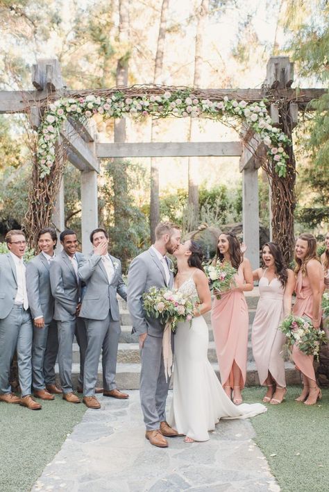 An emotional calamigos ranch wedding, wedding party Spring Wedding Groomsmen Attire, Groomsmen Attire Grey, Wedding Party Colors, Grey Wedding Suit, Groomsman Attire, Wedding Party Attire, Calamigos Ranch Wedding, Wedding Groomsmen Attire, Grey Suit Wedding