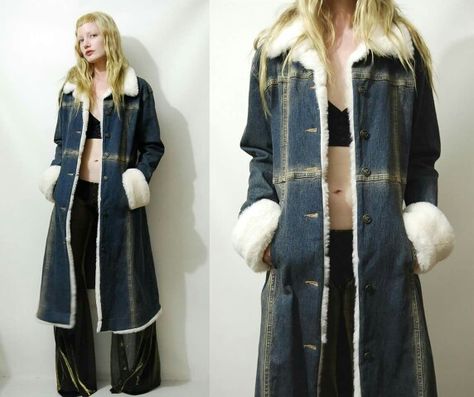 Denim Fur Jacket Outfit, Long Denim Jacket Outfit, Faux Fur Trim Jacket, Fur Jacket Outfit, Long Denim Coat, Fur Trim Jacket, Fur Jean Jacket, 70s Jacket, Classy Coat