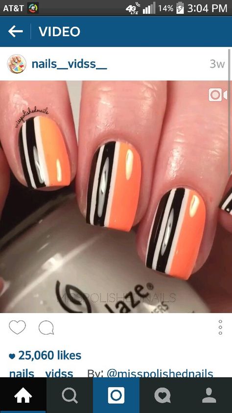 Beautiful black white orange stripe nail design White Orange Nails, White And Orange Nails, White Black Nails, Striped Nail Designs, Striped Nails, Nail Jewelry, White And Orange, Hard Gel, Orange Nails