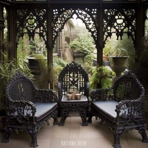 Gothic Front Porch, Goth Victorian House, Gothic Conservatory, Gothic Porch, Victorian Backyard, Victorian Front Porch, Gothic Revival Cottage, Dark Cabin, Dark House Aesthetic