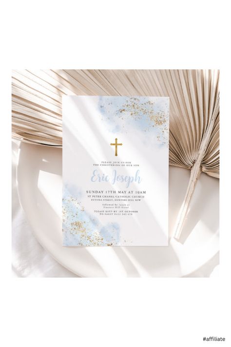 Baptismal Party, Boy Christening, Baptism Invitation, Baptism Invitations, Gold Cross, Blue Watercolor, Invitation Zazzle, Christening, Party Decorations