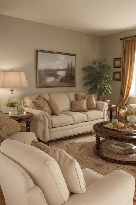 Cream Beige Living Room, Master Living Room, Classic Contemporary Interior Design, Brown And Cream Living Room, Beige Furniture, Tan Living Room, Cottage House Interior, Cream Living Room, Transitional Living Room Design