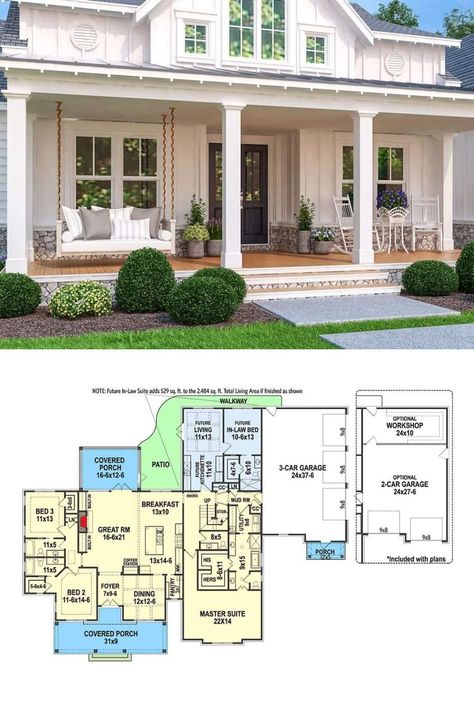 This is a large 2 story modern farmhouse house plan with in-law suite, charming front porch, and New american country style shiplap exterior. It includes 6 bedrooms, 7.5 bathrooms, and beautiful contemporary home interiors and decor. View the full floor plan and blueprint layout of this amazing 2484 sq ft luxury modern home at: https://www.homestratosphere.com/6-bedroom-two-story-modern-farmhouse-with-in-law-suite-floor-plan/ #HousePlan #ModernHome #Farmhouse House Plans Inlaw Suite, Floor Plans With In Law Apartment, Floor Plan With In Law Suite, Floor Plans With Inlaw Suite, 6 Bedroom House Plans Farmhouse, 5 Bedroom House Floor Plan 2 Story Master On Main, Multigenerational House Plans In Laws 2 Story, House Plan With Mother In Law Suite, House With Inlaw Suite Floor Plans