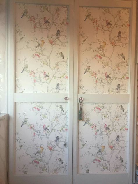 Peel And Stick Wallpaper On Closet Door, Wallpapered Cupboard Doors, Diy Wardrobe Door Decor Ideas, Wallpaper On Wardrobe Doors, Wallpaper On Closet Doors, Door With Wallpaper, Wallpaper Wardrobe Doors, Wallpaper Closet Doors, Wallpaper Cabinets