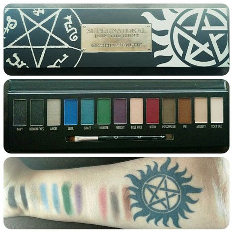 My new Supernatural eyeshadow palette ❤❤❤ colors Baby thru Pie are before my tattoo and Assbutt and Rocksalt are after my tattoo (I ran out of room lol) From Hot Topic! The formula is slightly chalky but that is to be expected from a company that doesn't specialize in makeup, but if you are a Supernatural Superfan then this is the pallet for you! The colors are gorgeous and the names are perfect and it's a huge pallet for a great price :) Hot Topic Makeup, Supernatural Color Palette, Supernatural Makeup, Supernatural Merch, Supernatural Costume, Makeup Pallettes, Winchester Brother, Supernatural Outfits, Supernatural Cosplay