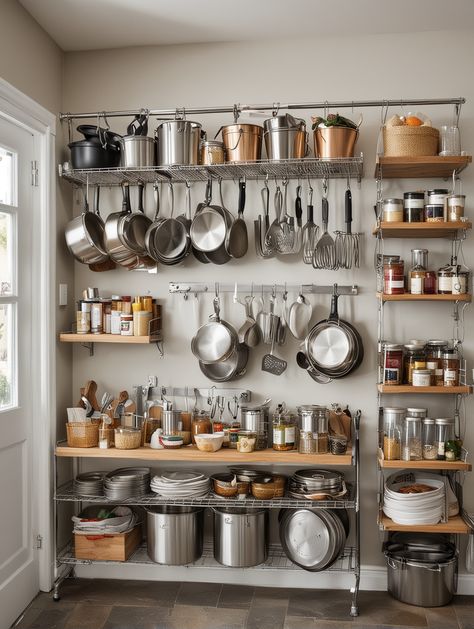 17 Pantry Storage Ideas – The DIY Desire Tea Pantry Ideas, Big Pot Storage, Wall Kitchen Storage Ideas, Pantry In Small Space, Pantry Pots And Pans Storage, Kitchen Pot Storage Ideas, Outdoor Pantry Ideas, Pan Storage Ideas Small Spaces, Apartment Pantry Ideas Small Spaces