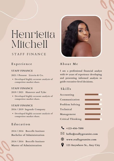 Resume Inspiration, Resume Design Ideas, Cv Ideas, Cv Inspiration, Resume Maker, Communication Problems, Cv Resume Template, Financial Analyst, Beige Boho