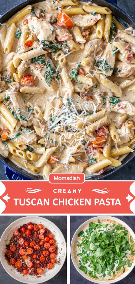 Roasted Tomato Chicken Pasta, Fresh Tomato And Pasta Recipes, Tuscan Chicken Pasta With Cherry Tomatoes, Chicken Tomatoes Spinach, Mushroom And Tomato Pasta, Tomato Spinach Chicken Pasta, Pasta With Tomatoes And Spinach, Spinach And Tomato Pasta, Creamy Tuscan Pasta