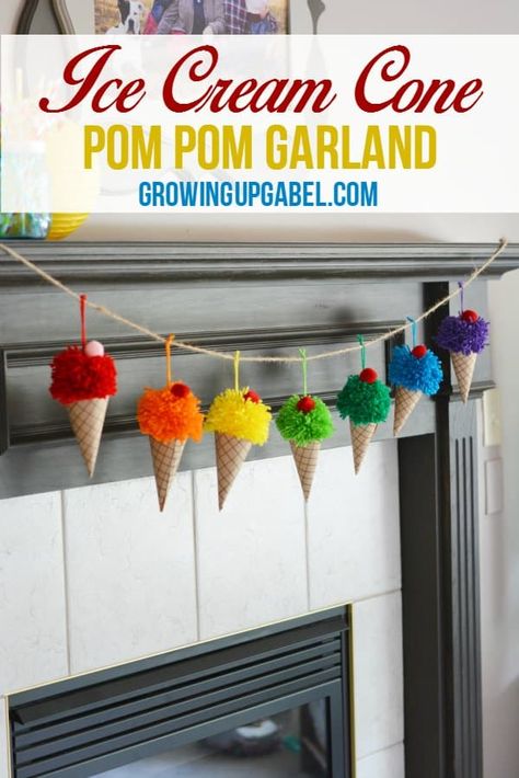 Ice Cream Cone Garland Easy Yarn Crafts, Diy Summer Crafts, Colorful Ice Cream, Pom Crafts, Wood Wall Art Diy, Pom Pom Crafts, Pom Pom Garland, Diy Garland, Ice Cream Party