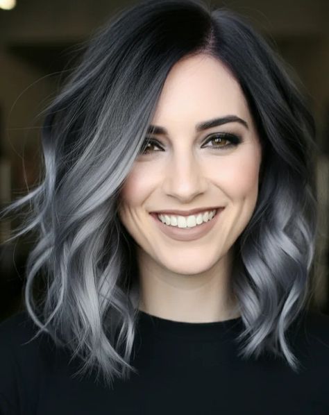 Black Gray Hair Balayage, Black To White Ombre Hair, Brown To Silver Ombre, Ombre Gray Hair, Grey Ombre Hair Short, Grey And Black Hair, Brown To Grey Ombre, White Ombre Hair, Hairstyles Ombre