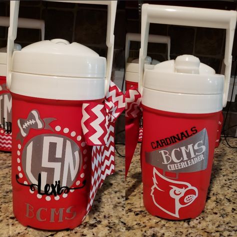 Cheer Water Jugs, Water Jug Ideas, Cheer Competition Gifts, Competition Gifts, Cheer Competition, Water Jugs, Cardinals Football, Cheer Svg, Jr High