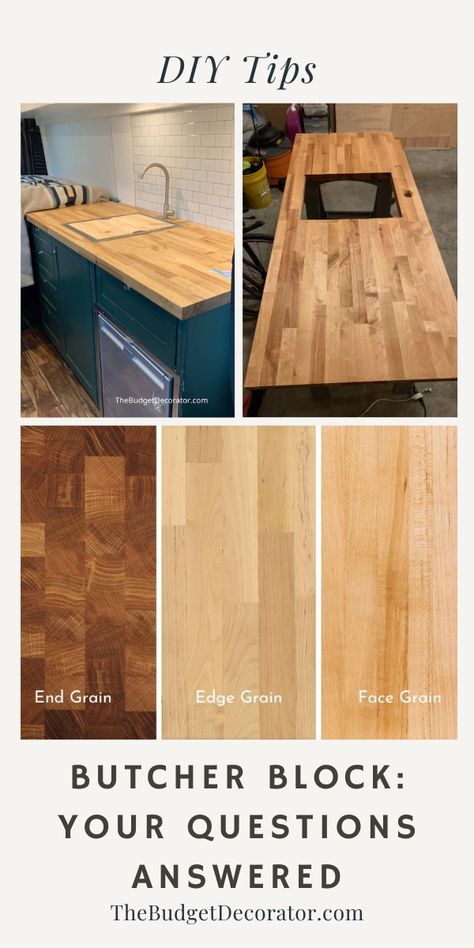 Wondering whether butcher block is the best choice for your next project? Or maybe you've already decided on butcher block... and now you just need to figure out how to prepare, install, finish and/or seal your butcher block countertop? Well this is for you! Let's get those questions answered and your project completed and stunning! Check out this post for all kinds of tips for choosing and working with butcher block! #diycountertops #diydesk #diykitchen #butcherblock Bamboo Butcher Block Countertops, How To Make Butcher Block, Butcher Block Color Ideas, How To Build Butcher Block Countertops, Butcher Block Finishes, Teak Butcher Block Countertops, Butcher Block Countertops Sealing, Stain For Butcher Block Countertops, Farmhouse Kitchen With Butcher Block