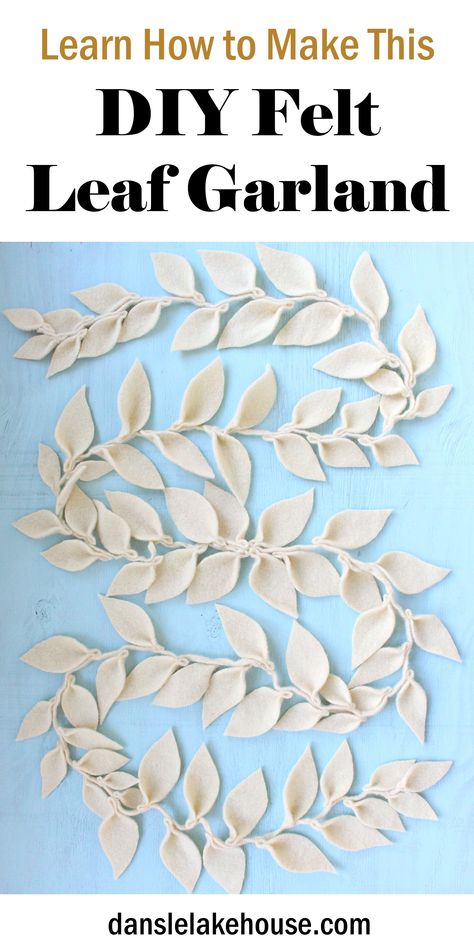 DIY felt leaf garland made by cutting up old wood blankets and sewing them into felt leaves. Neutral fall garland: cream colored felt leaves Autumn Bunting Diy, Fabric Leaf Garland, Fall Felt Garland Diy, Felt Leaf Garland Diy, Felt Garland Ideas, Fall Garland Front Door, Fall Banners Ideas Diy, Autumn Garland Diy, Fall Garland Ideas