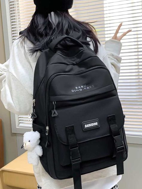 Preppy Classic Backpack Black Letter Patch Decor With Bag Charm For School | SHEIN USA Lightweight Travel Backpack, Black Preppy, Black School Bags, Cute School Bags, Big Backpacks, Dream Things, Stylish School Bags, Daypack Backpack, Colorful Backpacks