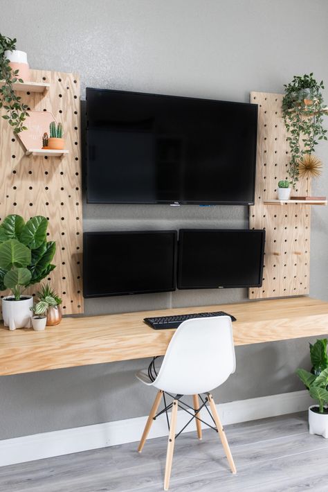 Pegboard Interior Design, Peg Board Tv Wall, Pegboard Office Wall, Pegboard Wall Ideas, Pegboard Decor, Plywood Office, Large Pegboard, Diy Pegboard, Plywood Diy