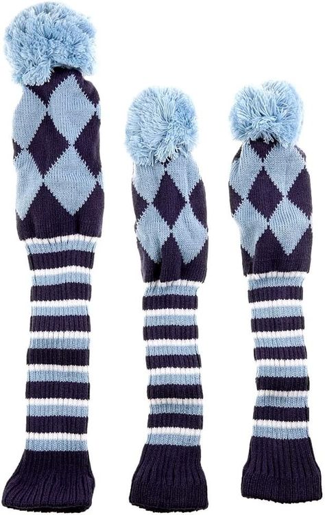 Amazon.com : GOOACTION 3PCS Knitted Golf Head Covers 1-3-5 for Driver and Fairway Woods with Long Neck Design Vintage Argyle Navy Blue and Blue Sock Pom Pom Golf Club Head Covers Set : Sports & Outdoors Vintage Argyle, Vintage Golf Clubs, Golf Club Head Covers, Golf Club Covers, Golf Head Covers, Vintage Golf, Blue Socks, Long Neck, Head Covering