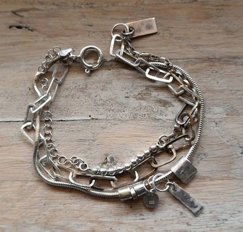 Handmade Silver Chain, Chain Ideas, Silver Link Bracelet, Handmade Chain, Multi Strand Bracelet, Boho Bracelet, Silver Chain Bracelet, Unique Bracelets, Bracelet Sterling Silver