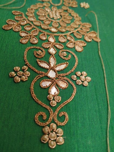 Green top with gota work & Pearl zardosi Gotapatti Work Blouses Design, Gotapatti Work Blouses, Gotta Patti Work Embroidery, Marodi Work, Gotapatti Work, Gotta Patti Work, Gota Embroidery, Crochet Feather, Gota Patti Work