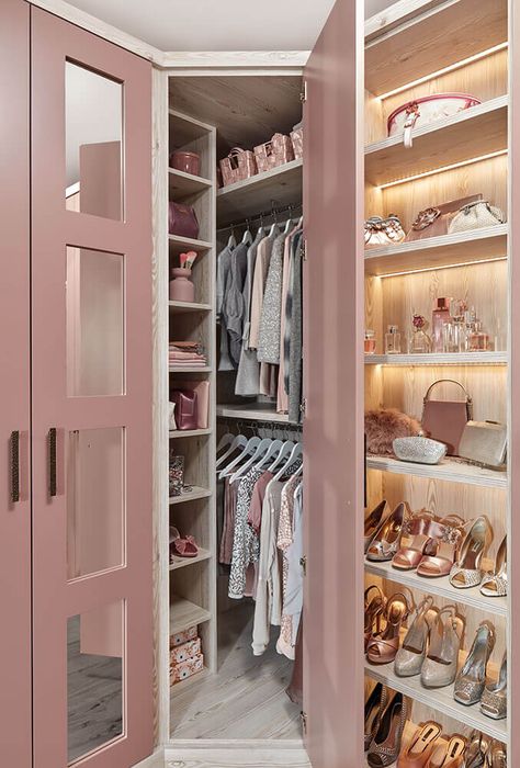 Inspiration INTRODUCING OUR PINK FITTED WARDROBE Pink has been making a bold statement in the design world over the past year. A fresh alternative to the usual off white or grey it’s perfect for both walls and statement furniture. We’re delighted to introduce a new romantic shade of pink, ‘Pink Dusk’ to our exclusive palette of paint colours. Our pink fitted wardrobe epitomises old-school Hollywood glamour, giving a lavish feel to 21st-century bedrooms and dressing rooms. The colour can be beaut Wardrobe Design Aesthetic, Pink Fitted Wardrobes, Pink Closet Aesthetic, Pastel Closet, Closet Painting, Neville Johnson, Pink Bedroom Furniture, Fitted Wardrobe, Pink Closet