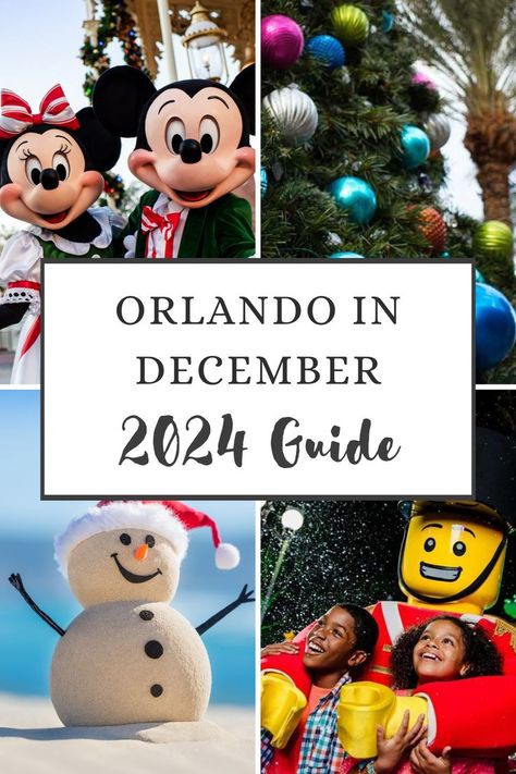 A collage of vibrant Christmas images showcasing holiday activities in Orlando. At the top left is a joyful photo of Minnie and Mickey Mouse in festive holiday outfits. On the right is a close-up of colorful Christmas tree ornaments. The bottom left shows a whimsical sand snowman wearing a Santa hat on a sunny beach. The bottom right features two happy kids with a Lego figure. The post promotes a 2024 guide to Orlando in December. Orlando At Christmas, Christmas In Orlando Florida, Things To Do During Christmas, Florida In December, Things To Do Orlando, Orlando Christmas, Christmas In Florida, Celebration Florida, Holiday Lights Display