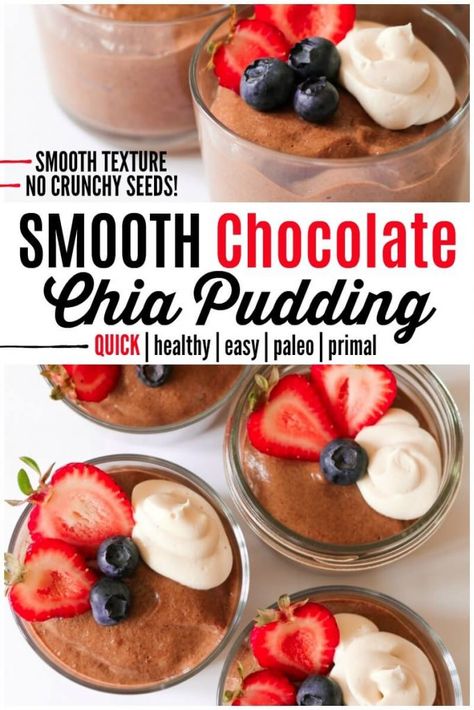 Smooth Chocolate Chia Pudding is so delicious and rich, super creamy, perfectly smooth without little seeds to bite and only takes minutes to make! | Recipes to Nourish | easy dessert recipes | healthy desserts | chia seed pudding recipe | chocolate chia pudding | paleo dessert || #chiaseed  #healthyrecipes #dessertrecipes Chia Dessert, Paleo Chocolate Recipes, Chocolate Chia Pudding Recipes, Seeds Recipes, Chia Puddings, Paleo Breakfasts, Paleo Friendly Desserts, Paleo Ideas, Gluten Free Chocolate Recipes