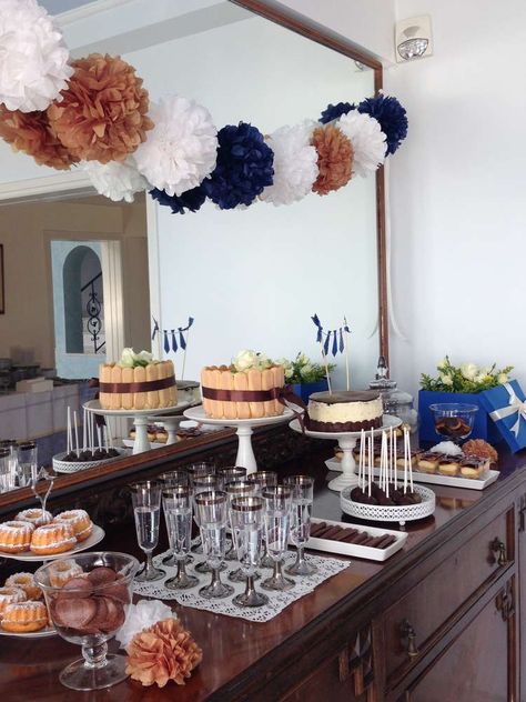 Father's Day party ideas! See more party ideas at CatchMyParty.com! Fathers Day Brunch Ideas Decor, Father’s Day Decoration Ideas At Home, Father Day Party Ideas, Blue Birthday Decorations For Men, Fathers Birthday Decoration Ideas, Father’s Day Brunch Decor, Father's Day Party, Fathers Day Party, Father's Day Decor