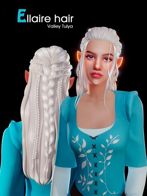 (The Sims 4) Ellaire Hair | Patreon Sims 4 Long Hair Cc, Sims 4 Long Hair, Elven Hairstyles, Targaryen Hair, Elf Hair, Medieval Hairstyles, Sims Medieval, Pelo Sims, Viking Hair