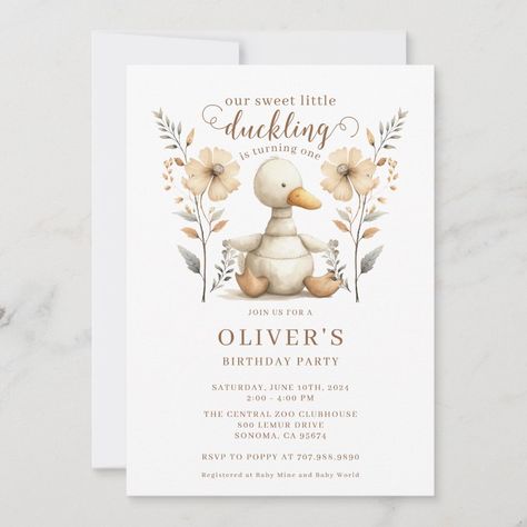 An adorable watercolor 1st birthday invitation with a sweet little duckling in soft neutral colors of cream and green for a boy or girl turning one. Duck Party, Duck Birthday, 1st Birthday Invitation, Baby L, Turning One, 1st Birthday Invitations, Baby Birthday, 1st Birthday Parties, Birthday Theme