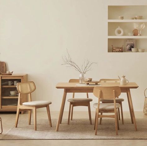 Simple Small Dining Table, Muji Dining Table, Japandi Dining Table, Japandi Dining Room Design, Scandi Dining Room, Japandi Dining Room, Japandi Dining, Dining Table Solid Wood, Solid Wood Kitchen