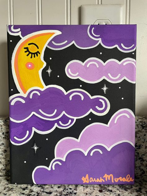 Painting Ideas On Canvas Space, Canvas Painting Space, Purple Canvas Painting, 90s Painting Ideas, Craft Nights, Purple Painting, Black Canvas Paintings, Yellow Moon, Purple Canvas