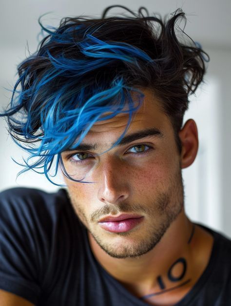 Blue Hair Men, Man With Blue Hair, Smoky Blue Hair, Eboy Hair, Lavender Grey Hair, Boys Colored Hair, Amazing Portraits, Darker Hair, Male Faces