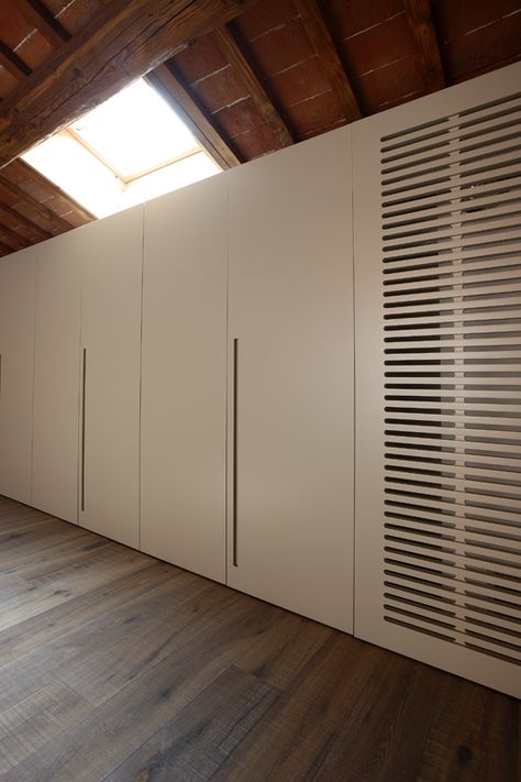 detail of the cupboards showing the custom ventilation grille that hides the dehumidifier Air Conditioner Closet Door, Ventilation Holes In Cupboard Doors, Kitchen Cabinet Ventilation Grill, Ventilated Closet Doors, Wardrobe Ventilation Ideas, Cabinet Ventilation Hole Design, Wardrobe With Ventilation, Ventilated Cabinet Doors, Kitchen Cabinet Ventilation