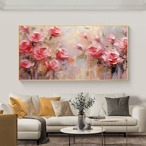 Pink Floral Painting, Pink Flower Painting, Flower Oil Painting, Rose Oil Painting, Painting Living Room, Custom Painting, Oil Painting Flowers, Living Room Decor Modern, Flower Oil