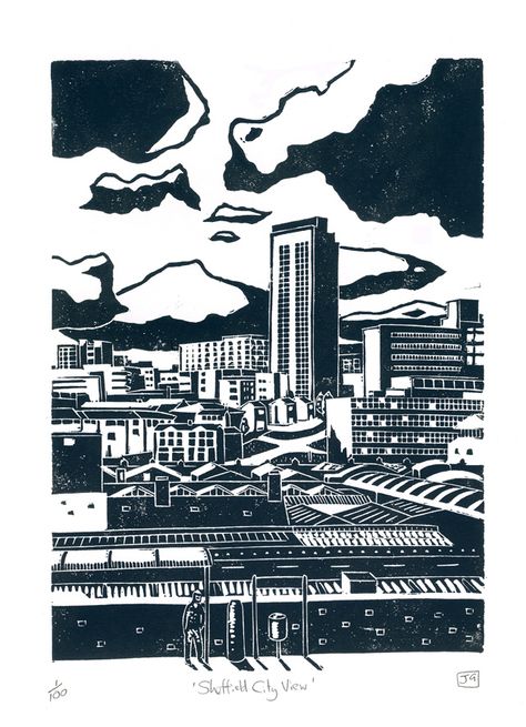 1-colour linocut print Linocut Buildings, Print Linoleum, Lino Carving, Sheffield Art, Sheffield City, Lino Printing, Lino Prints, Park Hill, Lino Cut