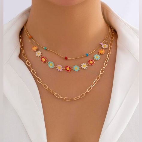 Gold Plated 3 Individual Fashion Necklace Set. Includes Chain With Flower Embellishment, A Beaded Chain With Colorful Bead Embellishment, And A Third Cable Chain. Boho Pendant Necklace, Bead Embellishment, Flower Choker, Trending Necklaces, Daisy Necklace, Boho Pendant, Chain Fashion, Mua Sắm, Dream Clothes