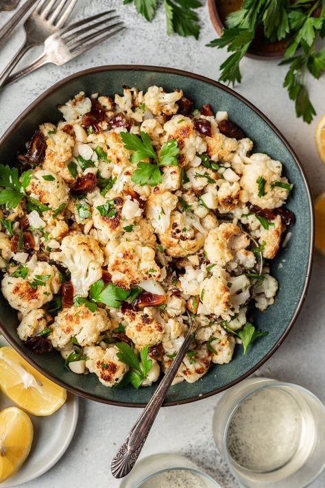 Oven Roasted Cauliflower with Lemon & Dates - Life is but a Dish Chopped Dates, Oven Roasted Cauliflower, Slow Cooker Brisket, Turkey Pasta, Burnt Food, Vegan Appetizers, Cauliflower Recipes, Macadamia Nuts, Vegetable Sides