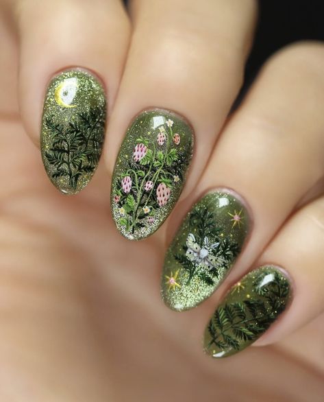 Forest Nail Art, Nail Designs For Autumn, Nail Art Green, Eye Nail Art, Green Nail Art, Fantasy Nails, Green Nail Designs, Green Nail, Grunge Nails