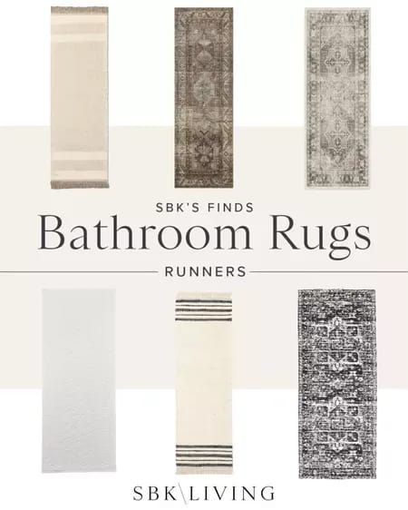 Black And White And Tan Bathroom, Bathroom With Runner Rug, Large Bathroom Rugs Ideas Master Bath, Long Bathroom Rug Runners, Bathroom Runner Rug Double Vanity, Bathroom Rugs Ideas Master Modern, Rugs For Bathroom Ideas, Modern Bathroom Rug Ideas, Farmhouse Bathroom Rugs Ideas