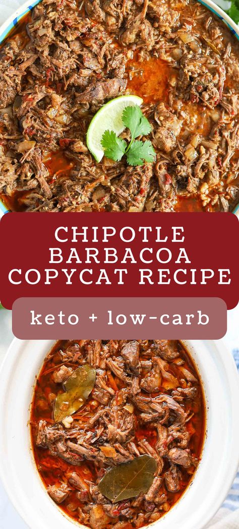 This copycat chipotle barbacoa meat recipe is perfect for meal prepping. It's made in a slow cooker to make tender beef that can be served in tacos, burrito bowls, or even on a fresh bed of lettuce! crockpot recipes | keto slow cooker recipes | keto chipotle recipes Burrito Meat Recipe, Keto Barbacoa, Slow Cooker Burrito, Chipotle Barbacoa, Low Carb Slow Cooker Recipes, Beef Barbacoa, Barbacoa Recipe, Slow Cooker Barbacoa, Burrito Bowls Recipe