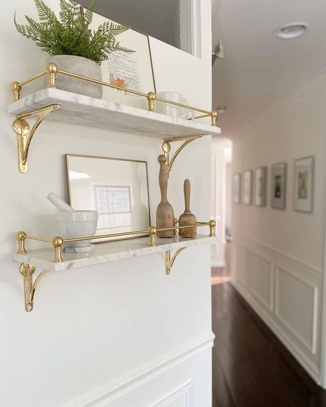 Hayley • The Bull Bungalow (@thebullbungalow) posted on Instagram • Feb 26, 2022 at 3:03pm UTC Arched Shelf, Brass Shelf Brackets, Brass Shelf, Brass Shelves, Kitchen Country, Book Wall, Brass Kitchen, Shelf Bracket, Unlacquered Brass