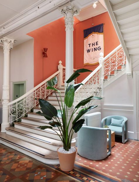 The Wing transforms 1850s building in New York's East Village into HQ Communal Workspace, Lactation Room, Decorative Pillars, Pretty Office, Building An Empire, Brick Facade, The Wing, East Village, Grand Staircase