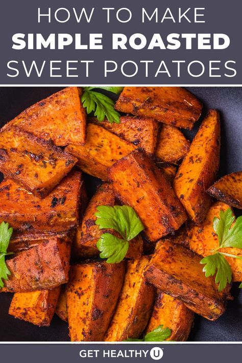 Sweet potatoes are filling, healthy, delicious and so versatile! This simple roasted sweet potato recipe is easy enough for a weeknight staple but delicious enough to show up on your Thanksgiving table. Boiling Potatoes, Traditional Holiday Recipes, Boiling Sweet Potatoes, Potatoes In Microwave, Roasted Sweet Potato, Herb Recipes, Macro Meals, Stuffed Chicken, Sweet Potato Recipes