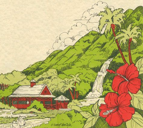 70s Hawaii illustration from a menu Hawaii Illustration, Hawaiian Homes, Hawaii Art, Hawaiian Art, Vintage Hawaii, Hawaii Beaches, Summer Inspiration, Hawaiian Islands, Beach Scenes